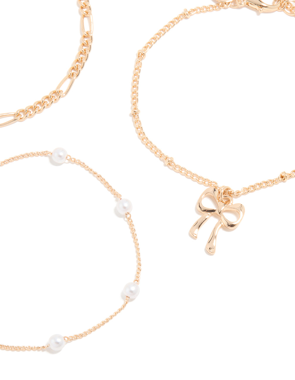 Gold Pearl, Bow & Chain Bracelets 3-Pack