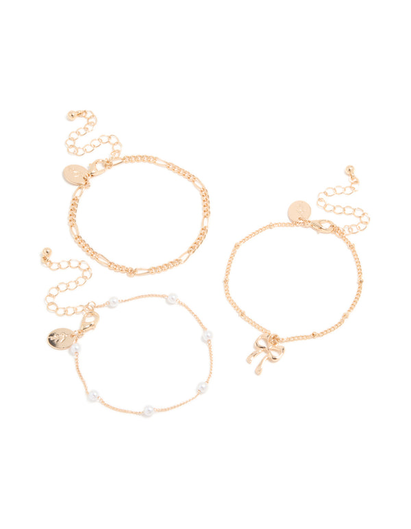 Gold Pearl, Bow & Chain Bracelets 3-Pack