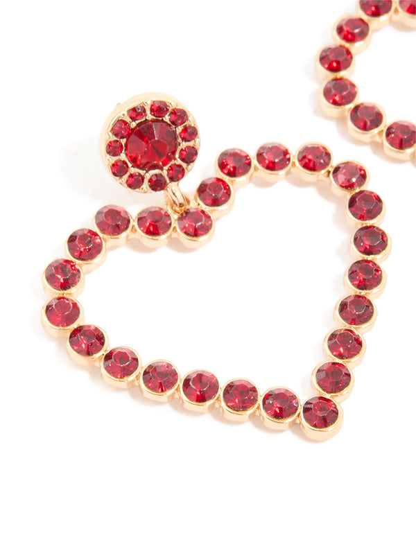 Gold Red Diamante Open Heart Drop Earrings