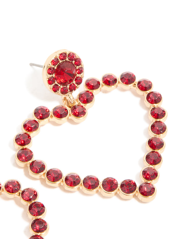 Gold Red Diamante Open Heart Drop Earrings