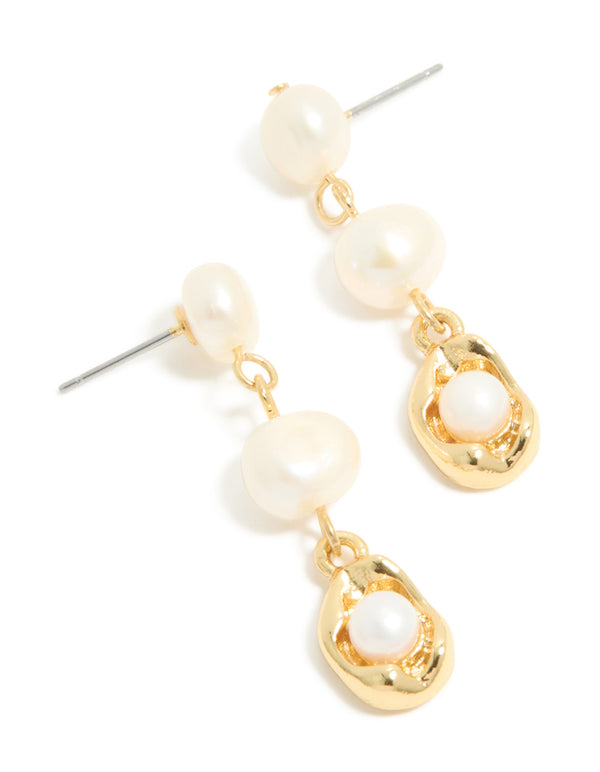 Gold Plated Freshwater Pearls Molten Drop Earrings