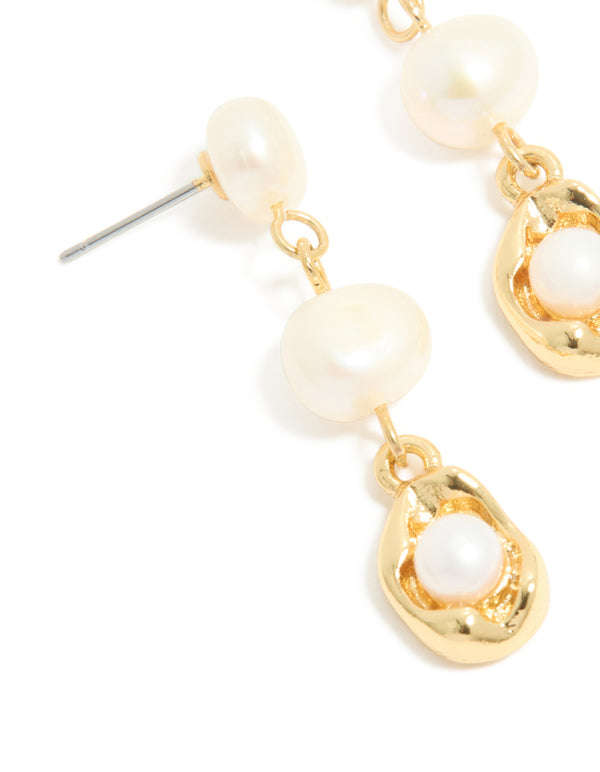 Gold Plated Freshwater Pearls Molten Drop Earrings