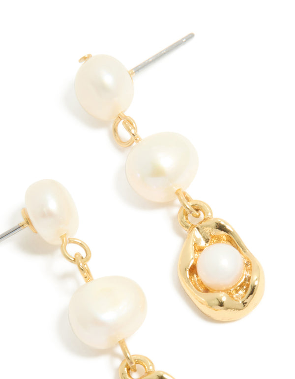Gold Plated Freshwater Pearls Molten Drop Earrings