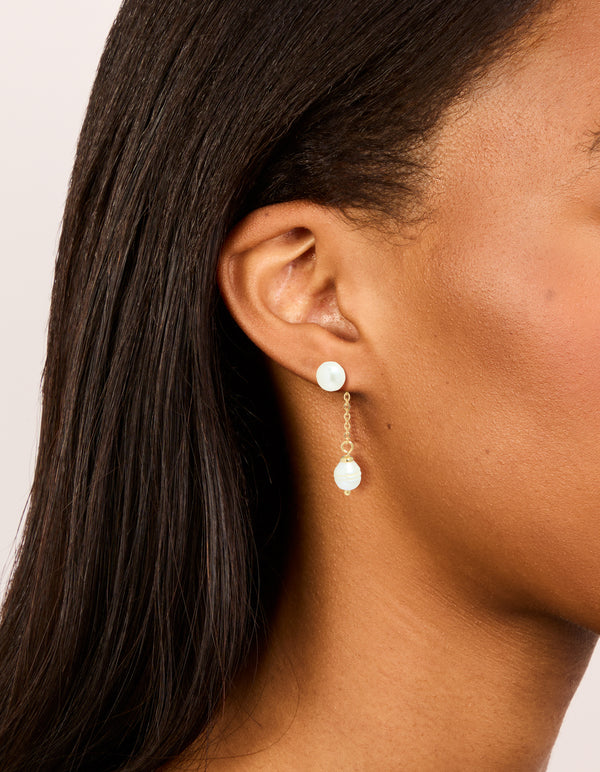 Gold Plated Double Freshwater Pearl Drop Stud Earrings