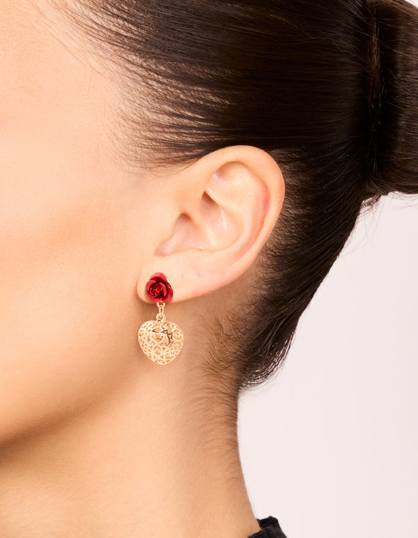 Gold Red Rose & Heart Drop Earrings