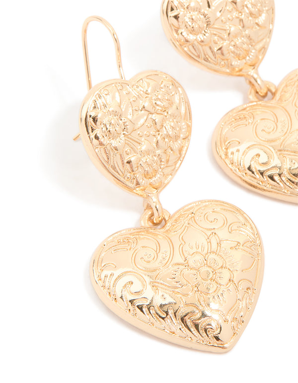 Gold Double Textured Hearts Drop Earrings