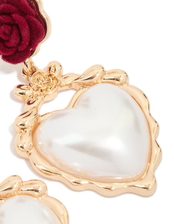 Gold Red Flower & Pearl Heart Drop Earrings