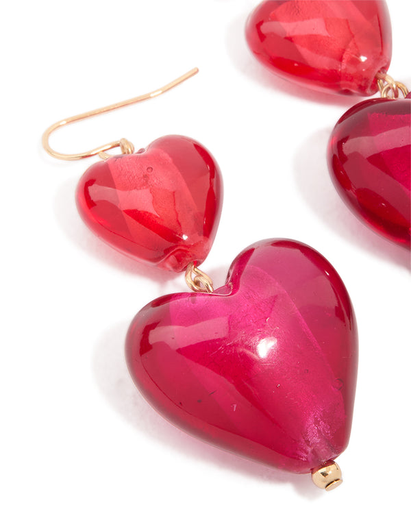 Gold Pink Double Puffy Hearts Drop Earrings