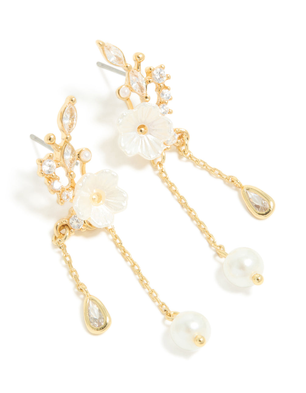 Gold Plated Cubic Zirconia Flower & Leaf Pearl Chain Drop Earrings