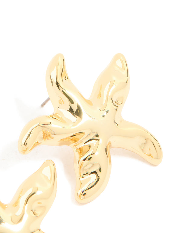 Gold Plated Brass Molten Starfish Stud Earrings