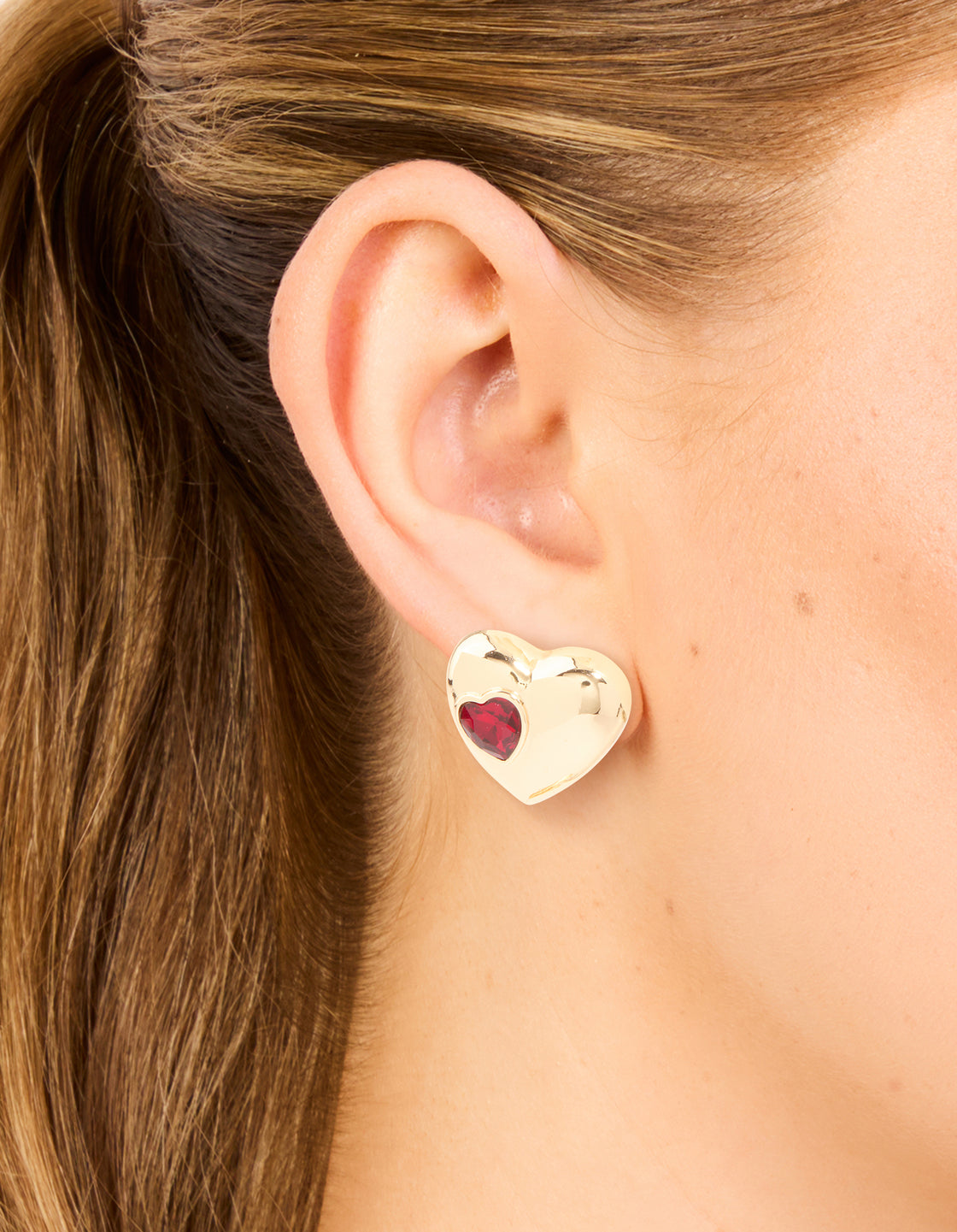 Gold Puffy Heart With Red Diamante Detail Stud Earrings