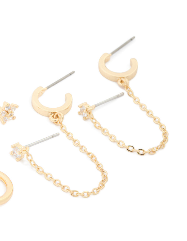 Designed with gold plated cubic zirconia flower chain and mixed earrings 4-pack, stud and hoop closure post detail view