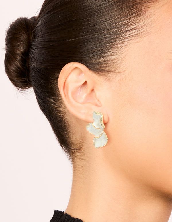Gold Plated White Enamel Half Flower Earrings