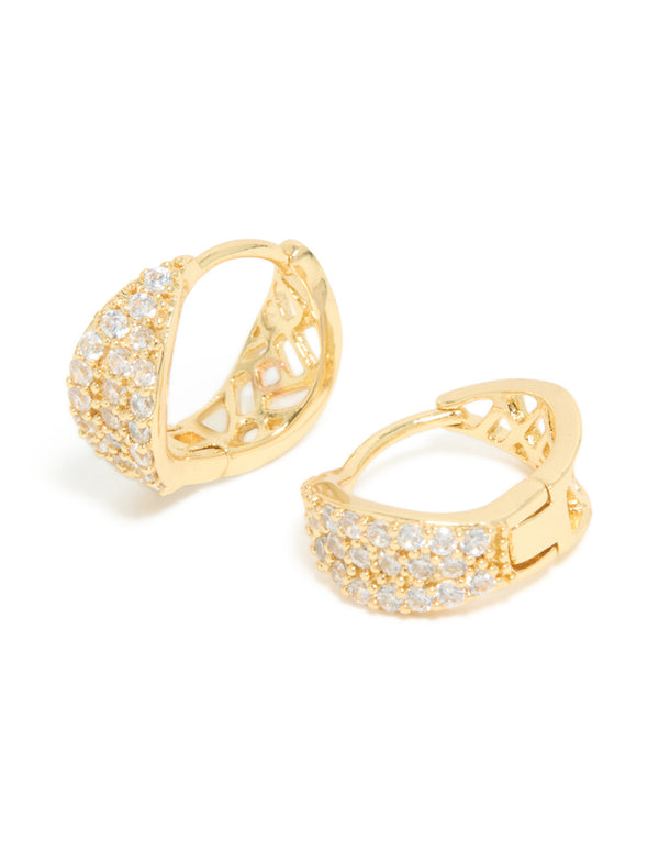 Elegant gold plated cubic zirconia organic flat huggie earrings featuring hoop closure front view