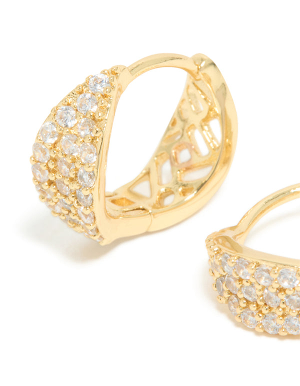 Stunning gold plated cubic zirconia organic flat huggie earrings featuring hoop closure close up view