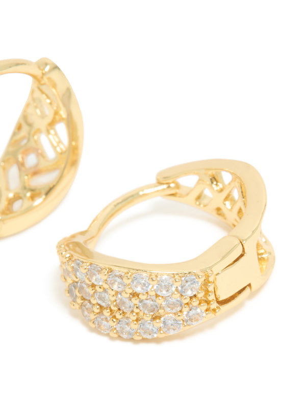Gold Plated Cubic Zirconia Organic Flat Huggie Earrings
