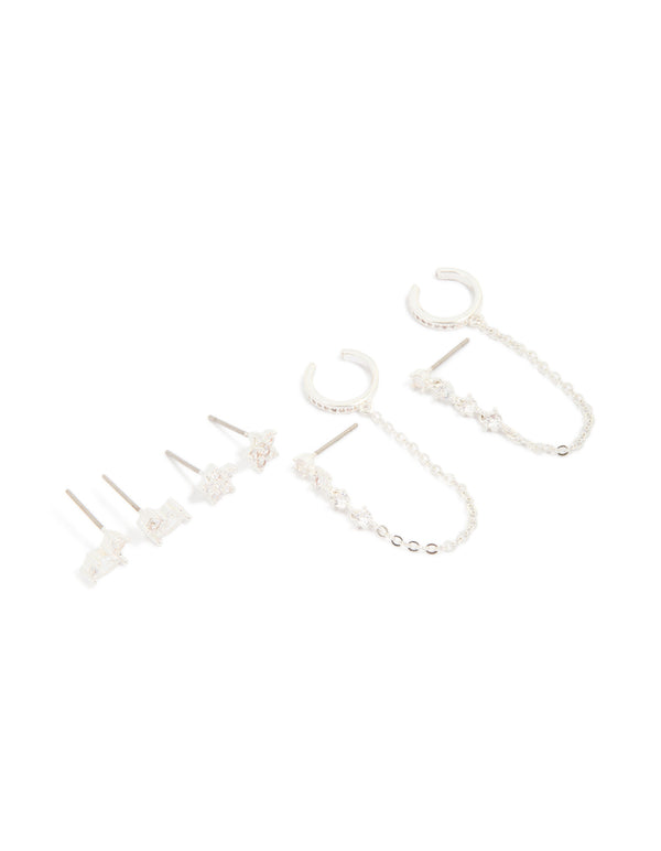 Silver Plated Brass Cubic Zirconia Stud & Dainty Chain Stud Earrings 3-Pack