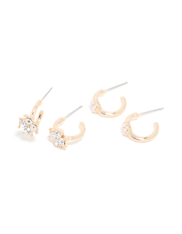 Gold Red Diamante & Floral Earrings 4 Pack