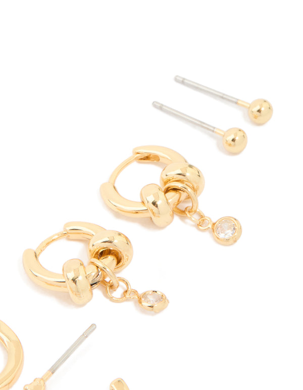 Gold Plated Brass Double Rondell Hoop & Classic Stud Earrings 4-Pack