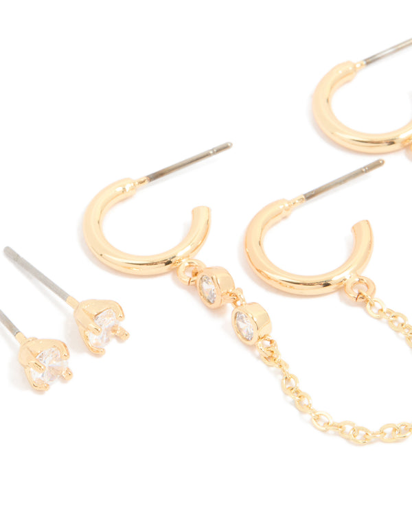 Gold Plated Brass Cubic Zirconia Chain Earrings 4-Pack
