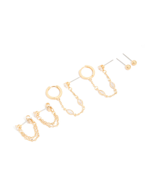 Gold Plated Brass Chain & Stud Earrings 4-Pack