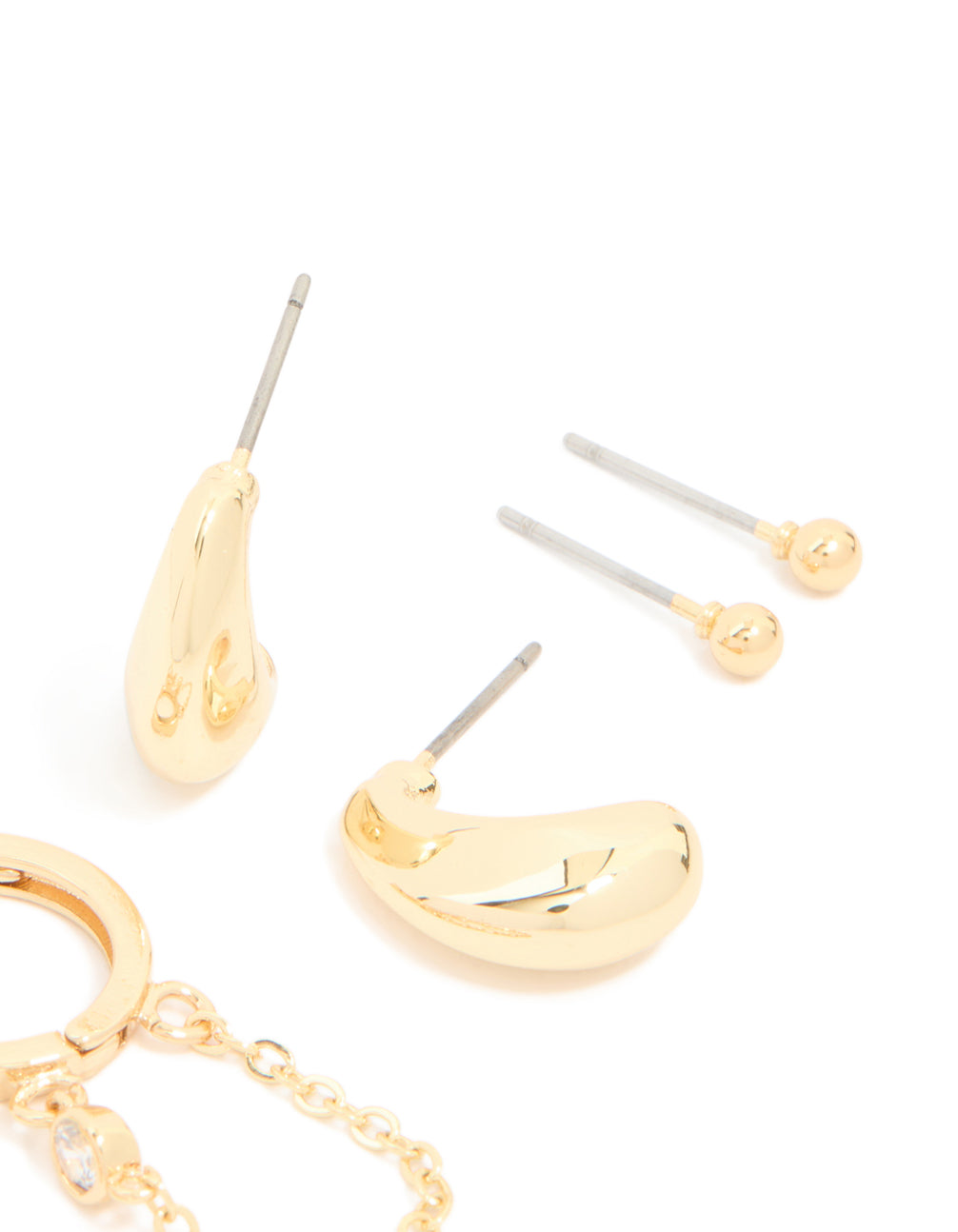 Gold Plated Brass Cubic Zirconia Teardrop Pear Stud & Huggie Earrings 4-Pack