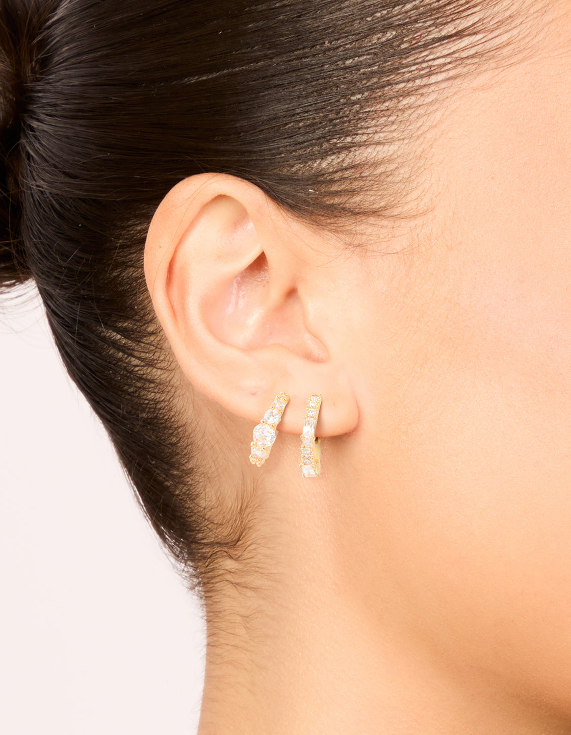 Gold Plated Brass Mixed Cut Cubic Zirconia Open Hoop Earrings 2-Pack