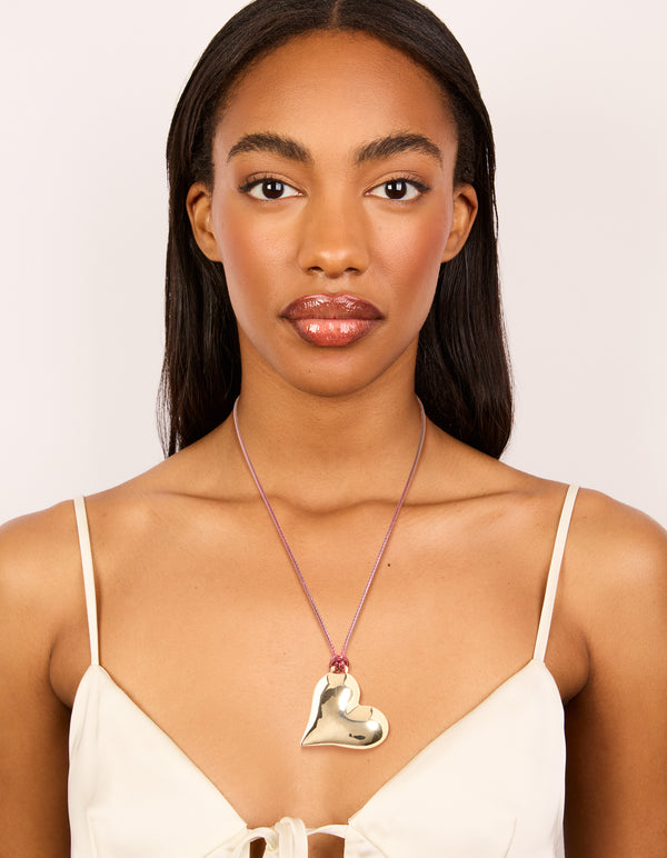 Gold Heart Pink Cord Necklace
