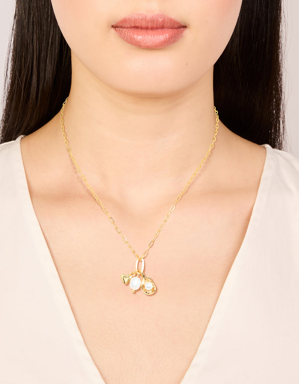Gold Plated Freshwater Pearls & Heart Cluster Pendant Necklace
