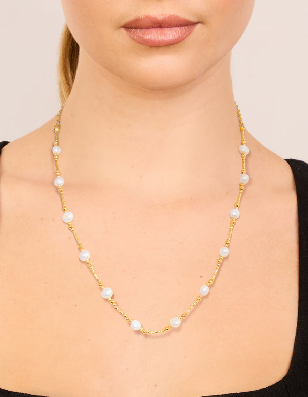 Gold Plated Freshwater Pearl & Textured Bars Necklace