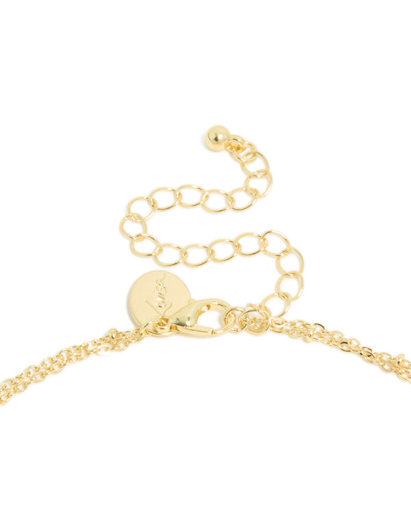 Gold Plated Emerald Cubic Zirconia Baguette & Droplets Layered Necklace