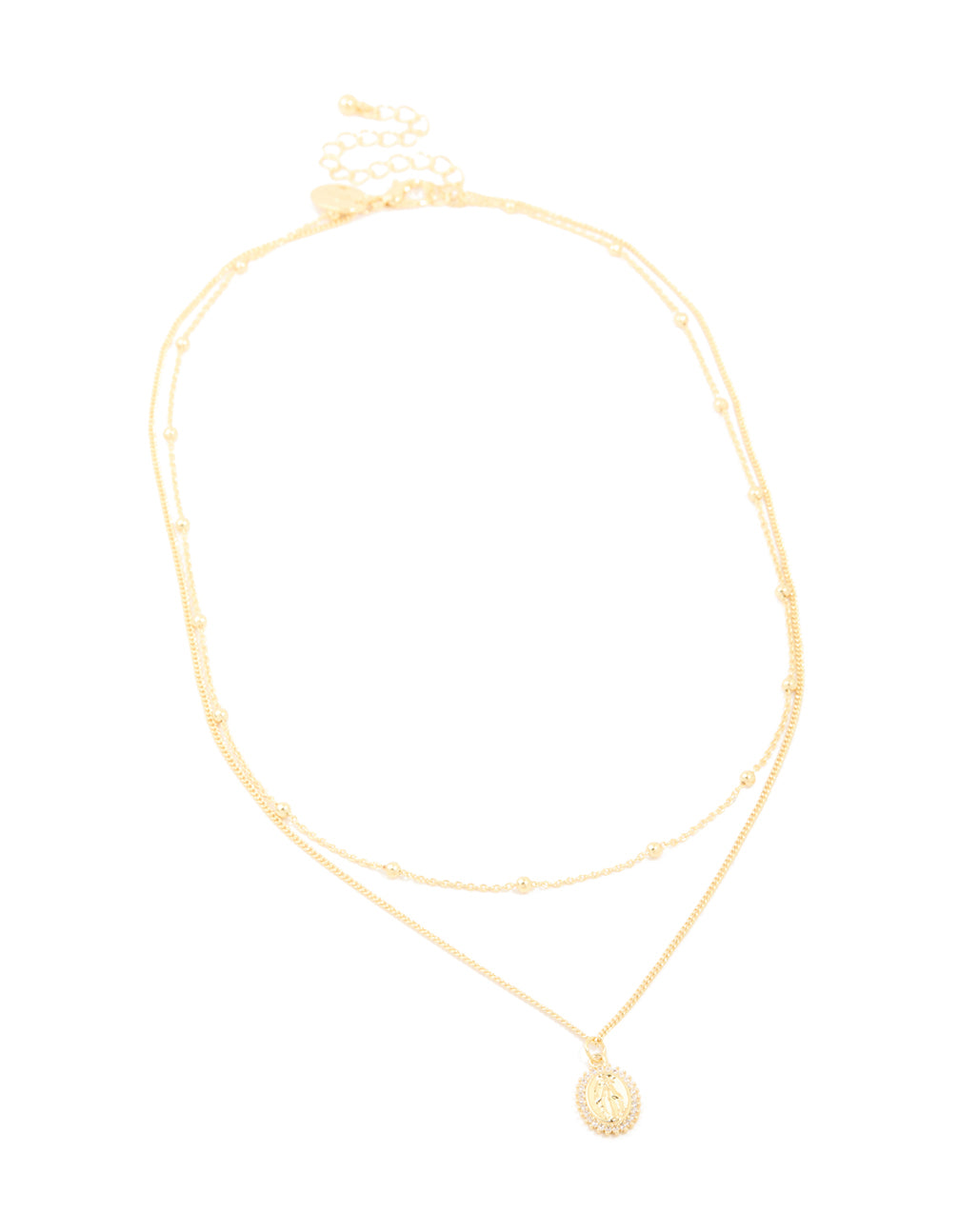 Gold Plated Brass Cubic Zirconia Mary Pendant & Ball Chain Layered Necklace