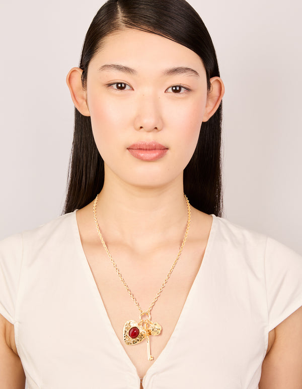 Gold Red Stone Centre Heart, Flower & Key Charm Necklace