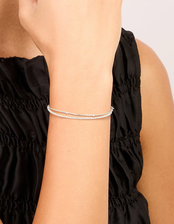 Silver Plated Cubic Zirconia Double Layered Toggle Bracelet