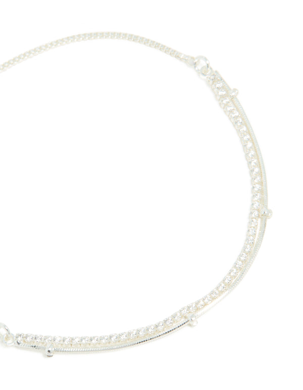 Silver Plated Cubic Zirconia Double Layered Toggle Bracelet