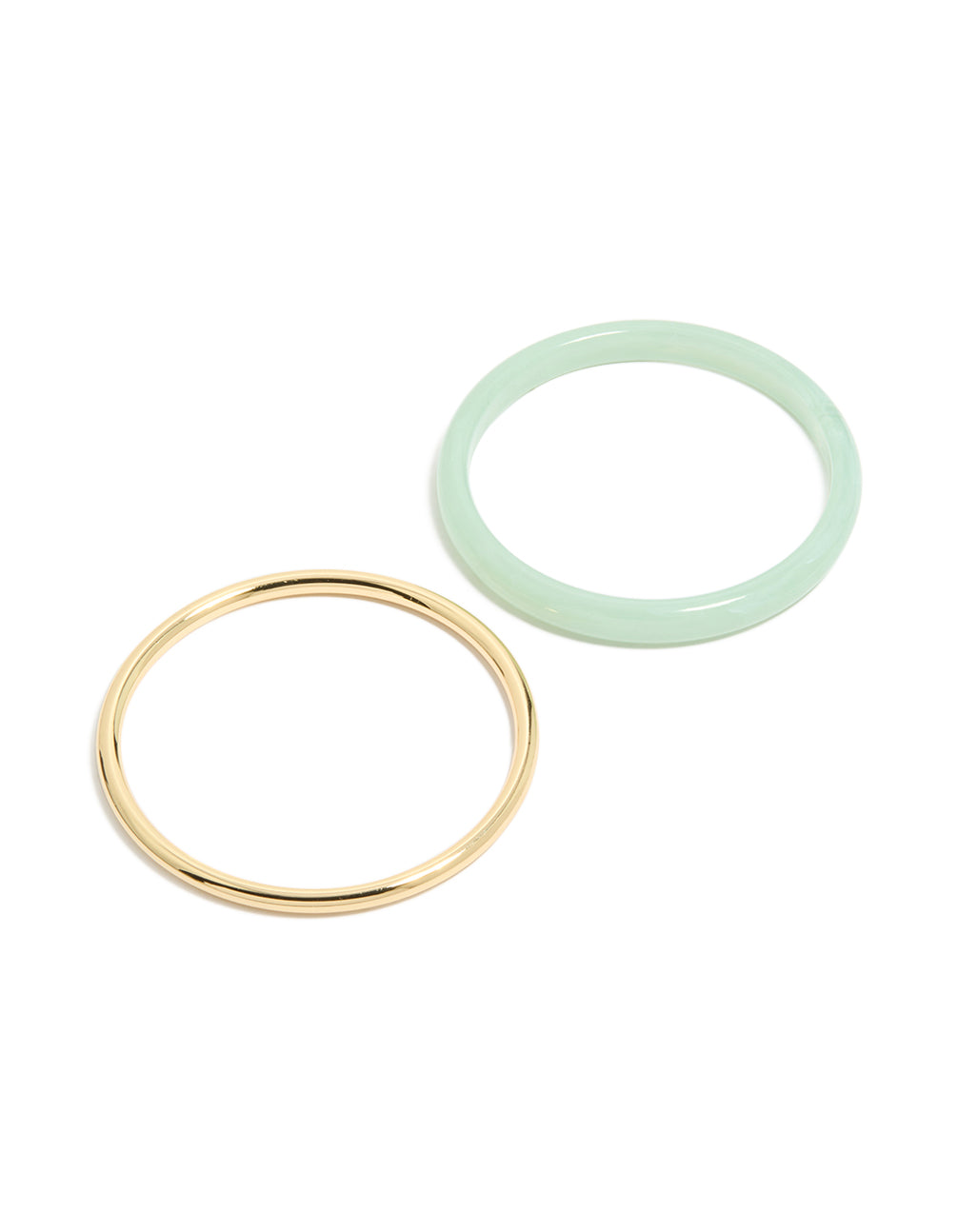 Showcasing gold plated and green smooth acrylic bangles in a 2-pack front view