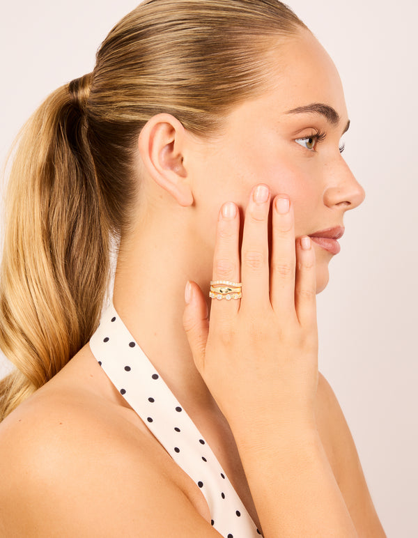 Gold Plated Cubic Zirconia & Wavy Rings 3-Pack