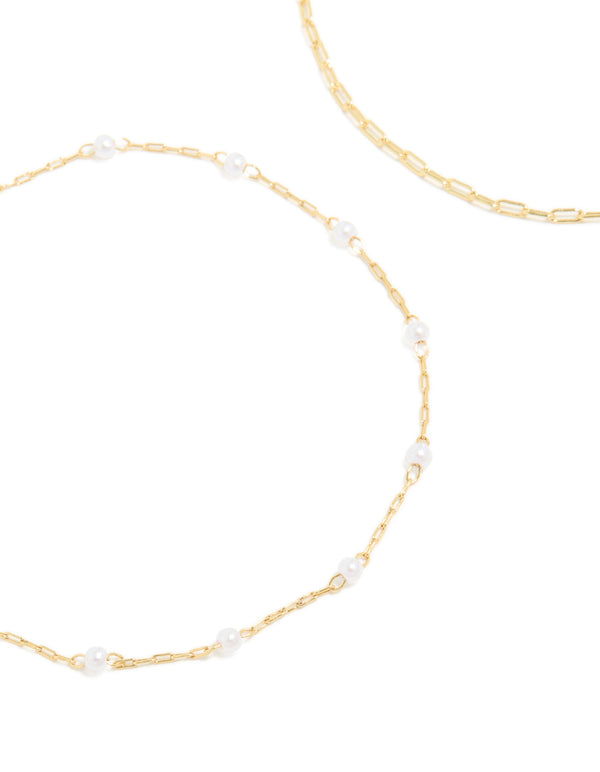 Gold Plated Mini Pearl & Chain Anklets 2-Pack