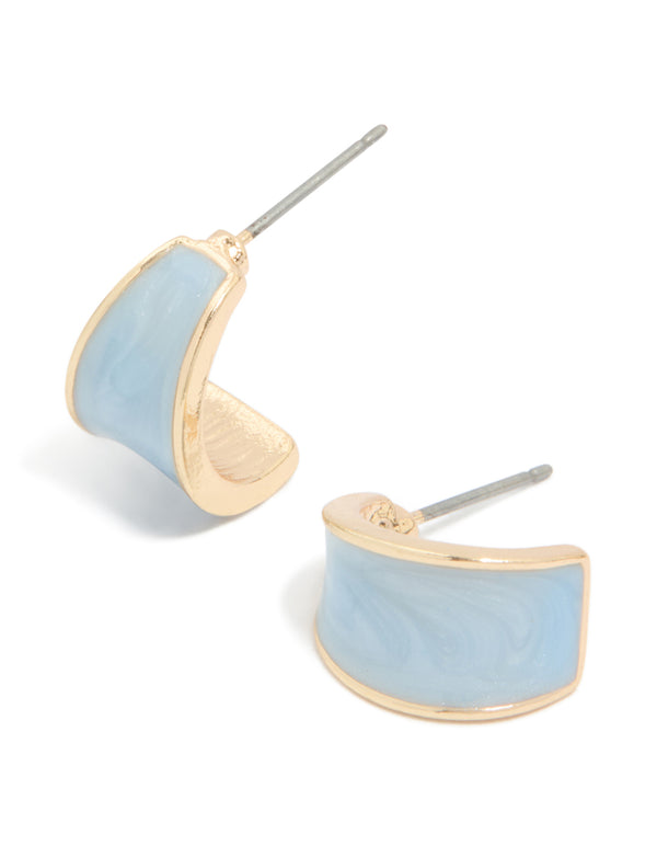 Gold Light Blue Shiny Curved Open Hoop Earrings