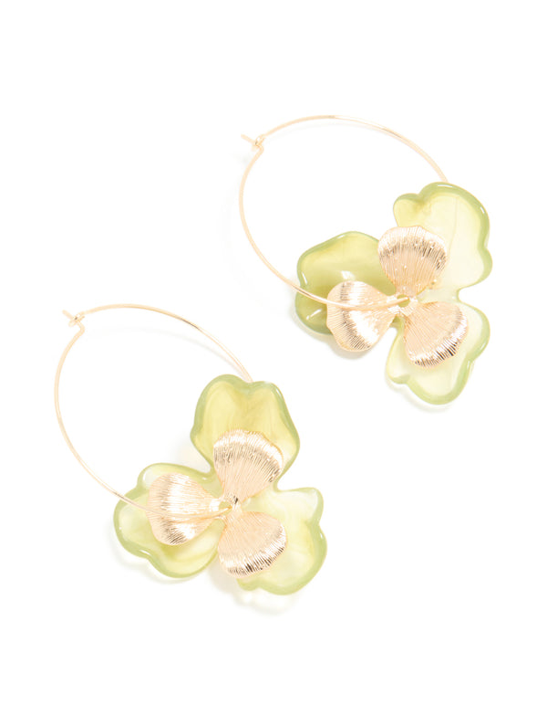Gold Green Acrylic Flower Hoop Earrings