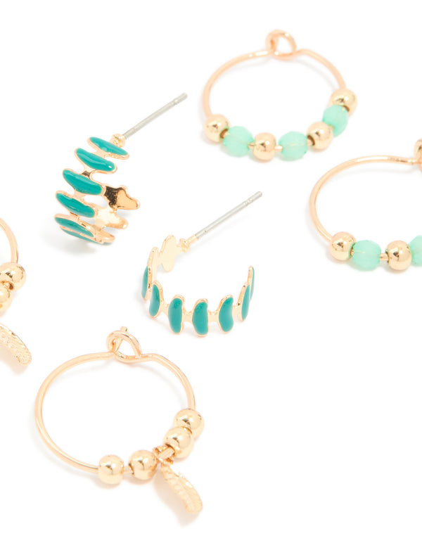 Gold Green Beaded & Leaf Huggie Earrings 3 Pack