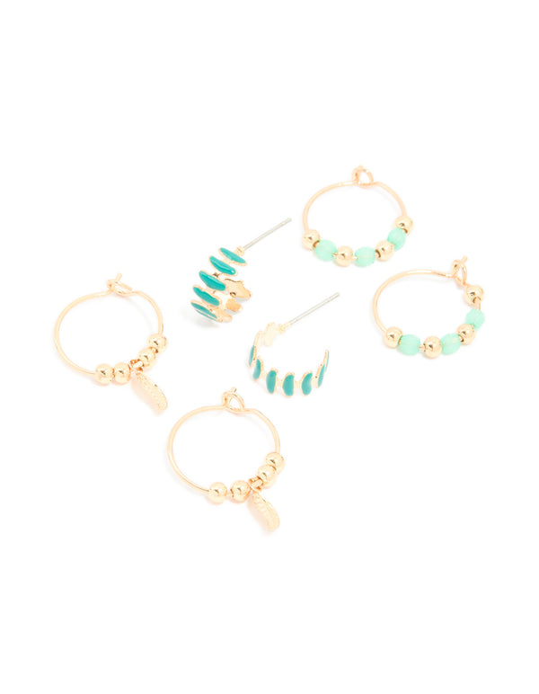 Gold Green Beaded & Leaf Huggie Earrings 3 Pack