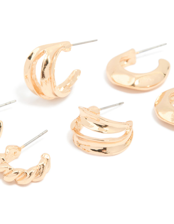 Gold Bubble & Twisted Open Huggie Earrings 3-Pack