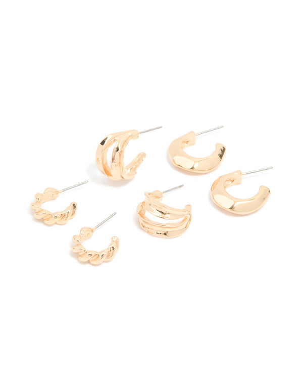 Gold Bubble & Twisted Open Huggie Earrings 3-Pack