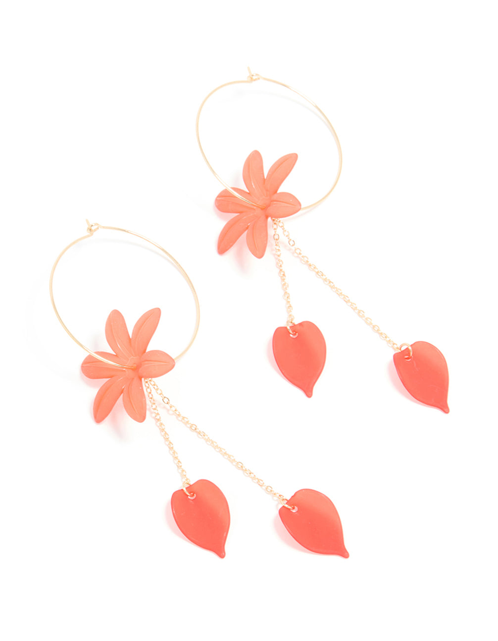 Gold Red Flower & Petal Chain Drop Earrings