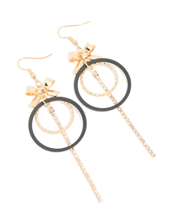 Gold Bow Diamante Cup Chain & Black Circle Drop Earrings