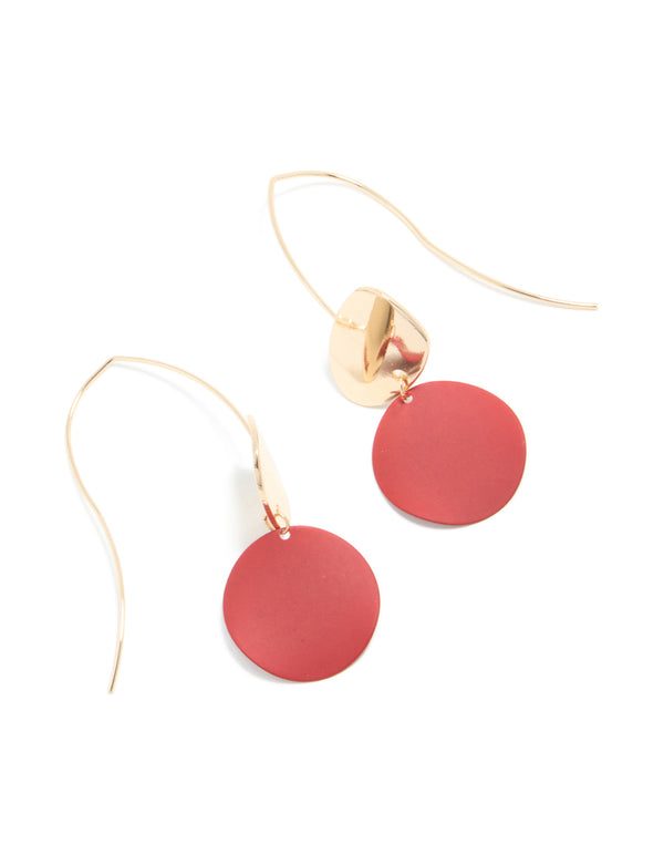 Gold Red Circle Thread Through Drop Earrings