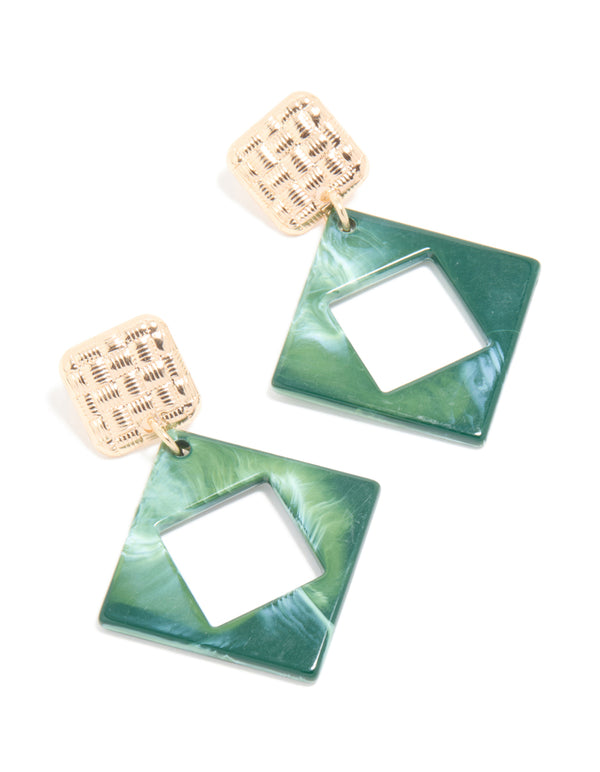 Gold Dark Green Acrylic Textured Square Drop Earrings