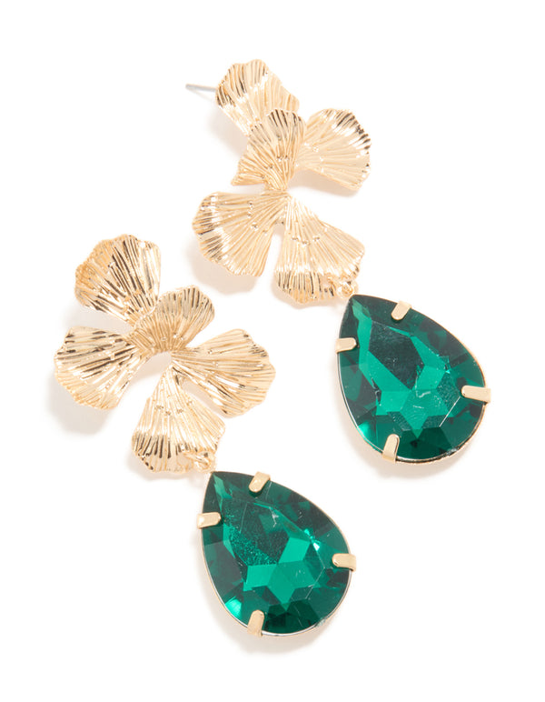 Gold Dark Green Diamante & Flower Drop Earrings