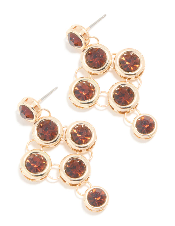 Gold Dark Brown Round Bezel Set Drop Earrings